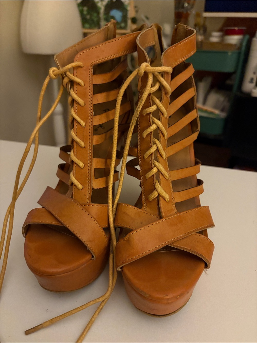 Qupid Cognac Lace-Up Strappy Platform Heels